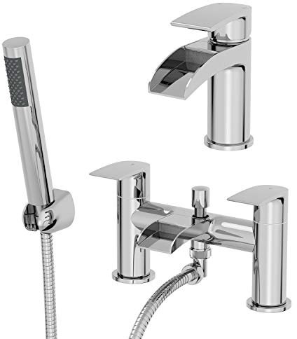Architeckt® Motala Bathroom Bath Shower Mixer Tap and Basin Tap Set Pair Deck Mounted Round Waterfall Twin Lever Handle Modern, Chrome