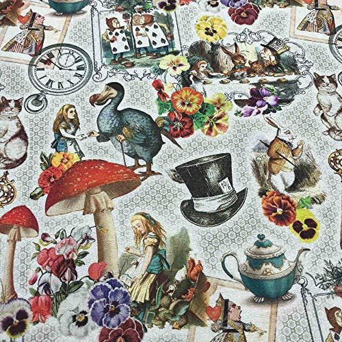 Kt KILOtela Digitaler bedruckter Canvas-Stoff, halbes Panama, 100 % Baumwolle, Patchwork 100 cm Länge x 280 cm Breite, Alice im Wunderland – Mehrfarbig – 1 Meter