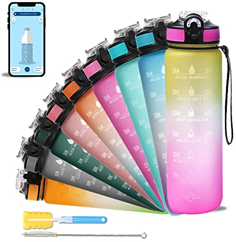 SOLARA 1000ml Wasserflasche mit motivierender Zeitmarkierung, Trinkflasche mit Strohhalm, Fitnessstudio, Büro, mobile App mit Trinkwasser-Erinnerung | BPA-frei | Gelb-Rosa 1L / 32oz