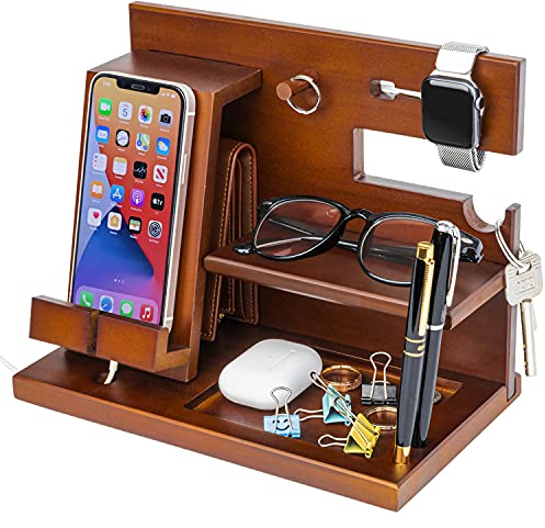 awofer Holz-Handy-Dockingstation, Nachttisch-Organizer für Männer – Schlüsselhalter, Geldbörse, Ständer, iWatch, Organizer, Ring zum Aufhängen – Gadgets Geschenke für Ehemann, Jahrestag, Vatertag