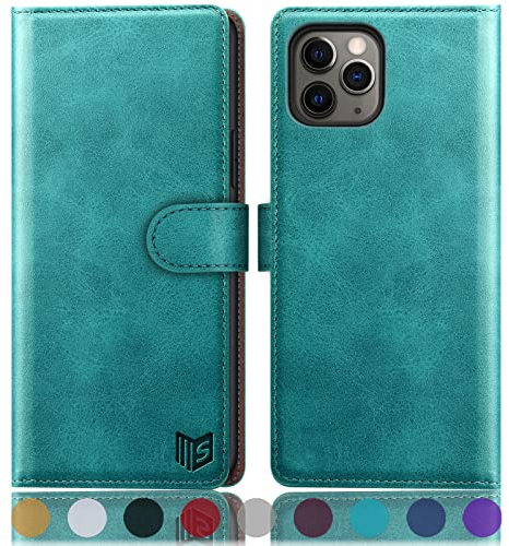 SUANPOT [RFID Schutz für iPhone 11 Pro 5,8-Zoll Hülle PU Leder Handyhülle Lederhülle Klapphülle Kartenfach Flip Cover für Apple 11 Pro Handy hülle Leather Wallet Phone Case Blau Grün
