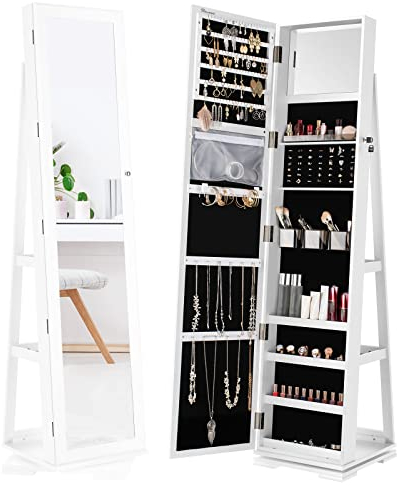 YITAHOME Jewellery Cabinet with Full Length Mirror and Large Storage, 360° Swivel Lockable Jewellery Organiser with Key for Women's Bedroom (White)