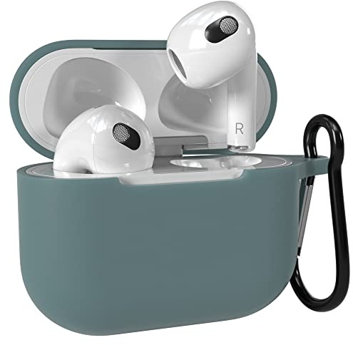 EAZY CASE - Schutzhülle für AirPods 3 Hülle Grün Silikon Case Stoßfest mit Karabiner geeignet als Schlüsselanhänger Antikratz Etui rutschfeste Silikonhülle für Airpod 3. Generation in Dunkel Grün