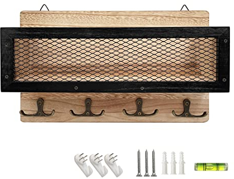 LYFJXX Porte-lettres et clés pour décoration murale, organiseur mural en bois avec 4 crochets doubles pour clés, support mural pour entrée, rangement, salon, couloir, cuisine (bois)