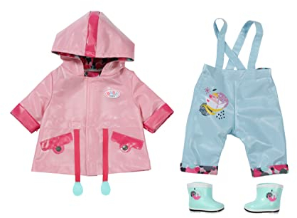 BABY born 835241 Deluxe Regen Set 43cm - Puppenkleidung Regenkleidung, Set mit rosa Regenjacke, Blauer Matschhose und Gummistiefeln.