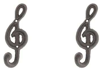Vintage 2er Set Wandhaken in Form von Notenschlüssel, Modell Violin Country, Retro Vintage Stil, 2 Haken aus Gusseisen mit Abgerundeter Aufnahme, je Haken 17 x 6 x 5 cm, Farbe Eisen Natur