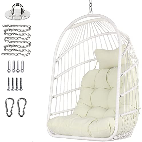 Hängesessel Faltbarer Korb-Hängesitz Rattan-Hängestuhl mit Edelstahl Aufhängeset Kettenglied UV-beständiges Kissen Schlafzimmer Balkon