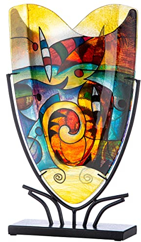 GILDE GLAS art Deko Vase auf schwarzem Metall Ständer - Kunstobjekt handbemalt - Mehrfarbig Höhe 48 cm