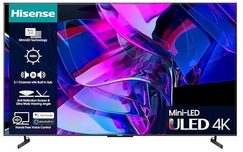 Hisense 75 Inch 144Hz ULED Mini-LED Smart TV 75U7KQTUK - 144Hz VRR, HDMI 2.1, Quantum Dot Colour, Dolby Vision IQ, VIDAA Smart TV, and Youtube, Freeview Play, Netflix and Disney+ (2023 Model)