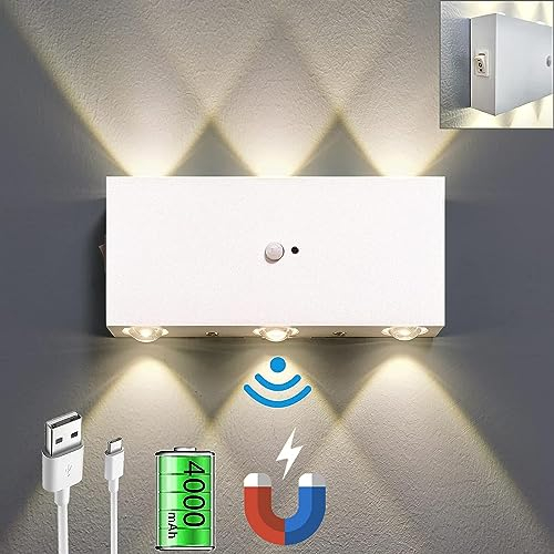 WYQSX Akku-Wandleuchte mit Bewegungsmelder & Magnetbefestigung, 6W Bidirektionale Beleuchtung (4000mAh-Akku, Warmweiß 3000K, USB-Aufladbar)