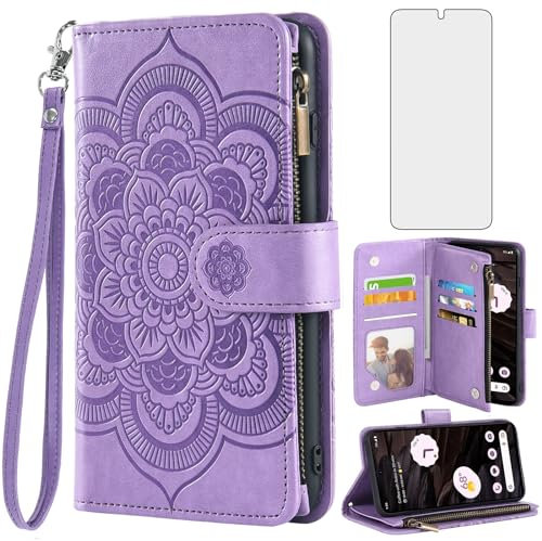 Asuwish Funda para Google Pixel 7a con Cristal Templado Protector Pantalla Vidrio Pelicula Protectora Libro Cuero Piel Tarjetero Soporte Pixel7a 5G a7 Tapa Carcasa Magnética Magnetica Capa Case Lila
