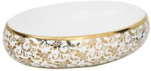 vidaXL Vasque à Poser, Évier de Salle de Bain avec Trou de Vidange, Lavabo avec Motifs Toilette Salle d'Eau, Blanc et Doré Ovale 59x40x15 cm Céramique