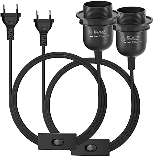 JEXPOWER 2 portalampada E27 con interruttore con spina, attacco E27, colore nero, con anello a vite da 3 m, per cucina, soggiorno e cameretta dei bambini, colore nero