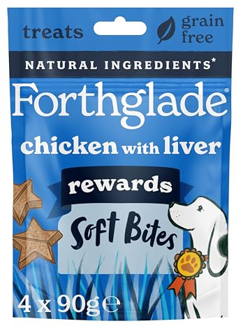 Forthglade Natural Dog Treats (4 x 90g Bags) - Hypoallergenic & Grain Free Dog Training Treats with Chicken and Liver, Baked Soft Bite Rewards, Resealable Bags