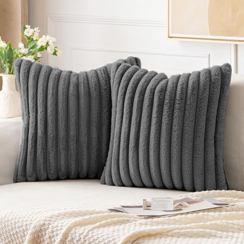 EMEMA Kissenbezug Plüsch Kissenbezüge Samt Kunstpelz Weich 40x40 cm Moderne Sofakissen Dekokissen Glatter Reißverschluss Waschbar Deko Kissenhülle für Wohnzimmer Schlafzimmer Sofa 2er Set Grau