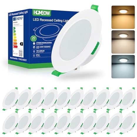 HOMEOW 20er Set LED Einbaustrahler 230V 7W Warmweiß Neutralweiß Kaltweiß LED Spots 230V, 75–90mm Lochmaß, Led Einbauleuchten Deckenspots Einbauspots Einbau Spotlight Ultra Flach IP44 für Badezimmer