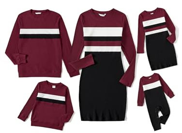 PATPAT Familien Outfit Set Langarm Herbst, Partnerlook Mutter Tochter Kleid Mutter Kind Kleider Mama Tochter Kleidung, einschließlich Partner Tshirt, einzigartigem Design, Rotwein, Damen: M