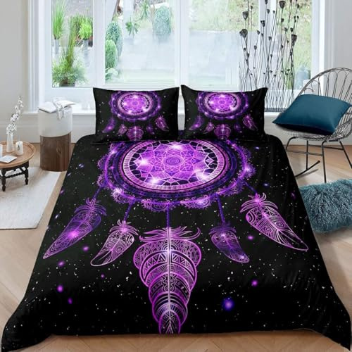 Homemissing Single Duvet Cover Galactic Dream Catcher Universe Galactic Starry Sky Duvet Cover Bohemian Tribe Duvet Cover Bohemian Feather, Purple