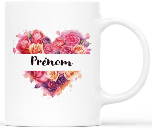 𝗖𝗔𝗗𝗘𝗔𝗨 𝗣𝗟𝗨𝗦 Mug Personnalisé Prénom - Mug Coeur Rouge Avec Fleurs - Tasse Personnalisée Prénom, Mug Personnalisé Prénom, Tasse Original, Tasse A Thé Originale, Mug Original Et Insolite