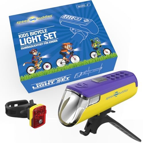SPEED BUDDIES Kinder Fahrradlicht Set – StVZO LED Front- & Rücklicht, USB-C, für Kinderfahrrad, bunt & kindgerecht (lila/gelb+gelb)