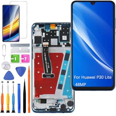 Ersatz Display für Huawei P30 Lite 48MP LCD Bildschirm, MAR-L01A MAR-L21A Display Bildschirm Touch Digitizer Assembly Reparaturteile Kit(Blue mit Rahmen)