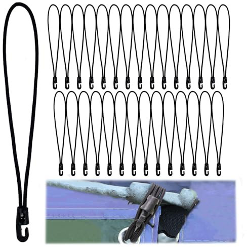 30 Pcs Bungee Cords with Hooks, 10 Inch(25cm) Black Bungee Cords Short Tarpaulin Hooks, Heavy Duty Bungees with Hooks Elastic Bungee Cord for Outdoor Camping, Tarps, Tents, Luggage, Cargo