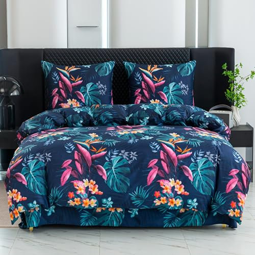 Cotton Market Bettwäsche 135x200 cm - Bettwäsche Mikrofaser Baumwolle - Herbst Bettwäsche-Sets 2 Teilig mit Reißverschluss - Blumen Bettbezug mit 1 Kissenbezug 70x80 cm - Atlantis/Grün