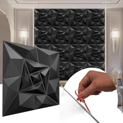 Selbstklebend 3D Paneele, 50x50cm PVC Kunststoffpaneele Wandpaneele Gaming Zimmer Wand Decke 3D Optik Diamant 12 PCS/3 m² einfache Montage! (Schwarz 175)