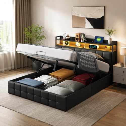 Hydraulisch Stauraumbett140 x 200 cm,Polsterbett Doppelbett mit Lattenrost,Bett mit Bettkasten Holz,Funktionsbett mit Kopfteil gepolstert,LED Doppelbett Jugendbett mit Aufbewahrung (Schwarz+Leder