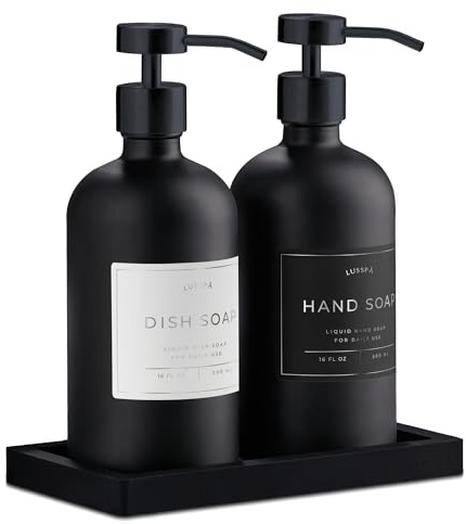Glass Hand Soap Dispenser Set for Kitchen Sink & Bathroom – 2 x 500ml Refillable Bottles with Stainless Steel Pump, Washing-Up Liquid Dispensers, 15 Waterproof Labels & Silicone Tray (Black)