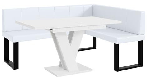 MEBLINI Eckbank für Esszimmer mit ausziehbarem Tisch - Küchenbank - Essecke - Sitzecke Küche - Peter - U-Beine 128x168x87cm Rechts - Weiß Kunstleder/M Weiß Matt