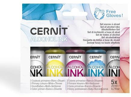 CERNIT CEASS005C - Set 4 Flakons Alkoholtinte 20ml + 1 Flakon Verdünner, für Epoxidharz geeignet, glänzendes Finish, Primärefarben sortiert (Weiß, Blau, Türkis, Smaragd) 1 Set