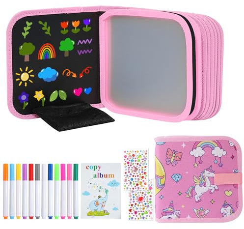 Abwischbares Malbuch für Kinder, 16 Seiten Tragbares Graffiti Zeichenbrett, Wiederverwendbar Doodle Pad mit 12 Farbstiften 2 Farbaufkleber 1 Tier Muster Ausgabe Kopieren Für Jungen Mädchen Geschenk