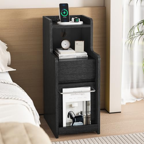 AOGLLATI Nachtschrank Schmal mit Ladefunktion Beistelltisch mit 2 Schubladen, Couchtisch, Nachtkommode mit Steckdosen, Nachtkästchen, Modern, für Schlafzimmer Wohnzimmer Arbeitszimmer (1, Schwarz)