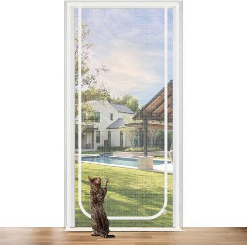 Earrck Puerta de malla de alambre reforzada para introducir nuevos gatos, mantener a las mascotas en interiores, resistente a los arañazos, cremallera de doble cara, color blanco (apto para tamaño de