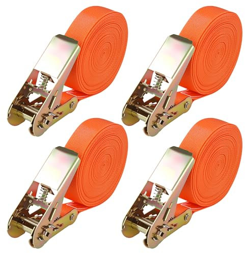 4 pezzi di Cinghie a cricchetto con Cinghie di fissaggio arancione 6mx25mm con Cinghie di fissaggio di 1000 kg di Cinghie di serraggio regolabile 6m, Cinghia fissaggio 6m secondo Din EN 12195-2
