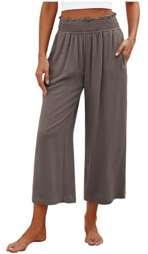KHIRVWL Pantaloni Dritti Donna Vita Regolabile Cotone Lino Traspirante Gamba Dritta Elastica con Coulisse Elegante Tinta Unita Pants con Tasche per Ladies Offerte Lampo del Giorno
