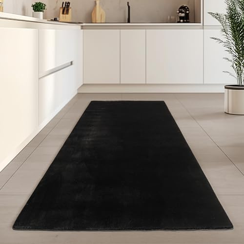 Carpetsale24 Kurzflor Teppich Läufer Flur 80 x 250 cm Schwarz - Teppich Waschbar, rutschfest, Weich, modern einfarbig Design - für Wohnzimmer, Schlafzimmer, Küche, Esszimmer