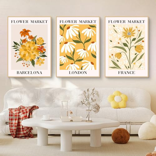 Uixxducc 3Pcs Poster Set, Flower Market Bilder Set, Vintage Abstrakt Blumen Kunstdrucke Wandbilder, Wanddeko für Wohnzimmer, Schlafzimmer, Esszimmer, Bilder Ohne Rahmen (40x50cm,ABC)