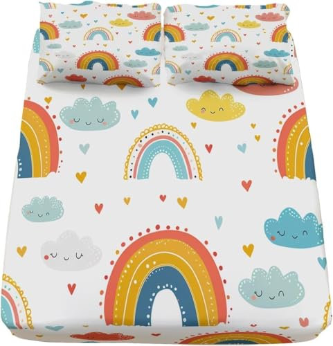 3D Spannbettlaken 90x200 Regenbogen Bettlaken Weiches Atmungsaktiv Spannbetttücher Regenbogen Mikrofaser Spannbetttuch Tiefe Tasche 30 cm Mit 2 Kissenbezügen 80x80 cm G7333