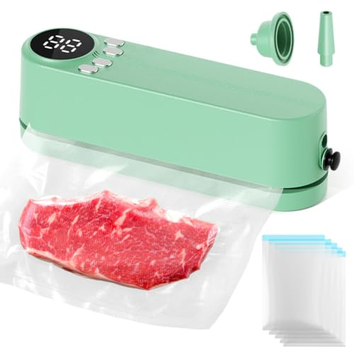 Mini Vakuumierer, Tragbar 3-in-1 Vakuumiergerät, Kabellos Wiederaufladbar Folienschweißgerät mit 60 KPA Vakuum, Inflator & Luftabsaugadapter für Snackkonservierung und Lebensmittelaufbewahrung