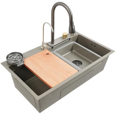 Lavandino multifunzione a cascata con rubinetto estraibile, in acciaio inox, per balconi e cucine, 75 x 35 x 21 cm
