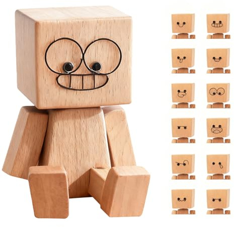Swiftctrl Wackelnder Holzmann, Wackelfigur Auto Holzfigur mit 12 Austauschbaren Magnetischen Ausdrücken, Armaturenbrett Decor, Schüttelmann Holz–Geschenke für Männer, Vatertage (Beige)