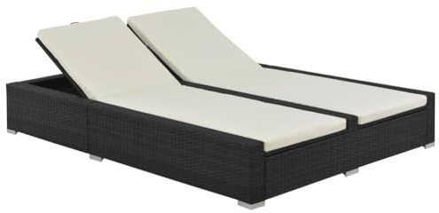 Generisch Generic Doppel-Sonnenliege, PE-Rattan-Liegestuhl für Garten, Terrasse, Pool, Verstellbare Rückenlehne, mit Kissen, Einfache Montage, Wasserabweisend, Waschbarer Bezug, Stabiler (Schwarz)