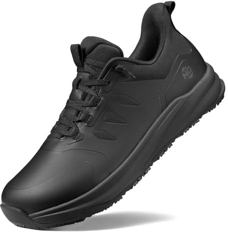 NINGO Non Slip Work Shoes for Men, Waterproof & Slip Resistant Kitchen Chef Shoes, Lightweight Comfortable and Breathable, Slip On Black Wide Toe Box Restaurant & Healthcare & Food Service Sneakers