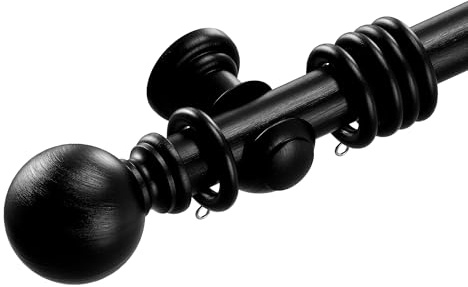 Loch & Skye Wooden Curtain Pole Set Fixed Length Premium Quality Beechwood 28mm Diameter with Finials, Rings & Brackets Wooden Rail Pole for Window & Eyelet Curtains (Black, 180cm)