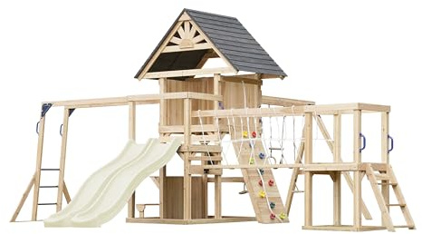 AXI Hunter Parque Infantil de Madera, 2 Columpios, Tobogan Doble, Color Crema | Casita XXL/Equipamiento de Juegos para ninos con Estructura de Escalada, Puente Colgante y Trapecio.