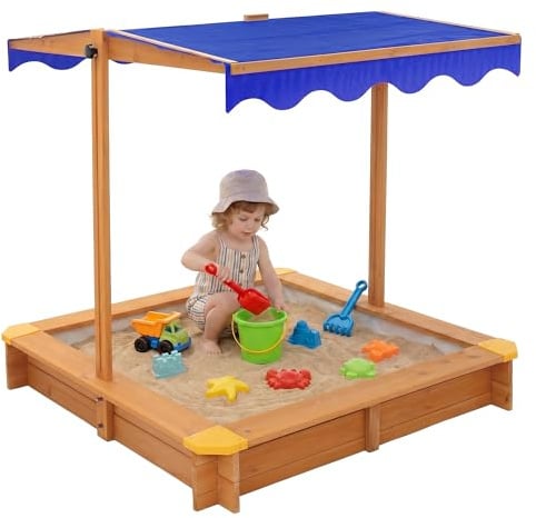 ML-Design Sabbiera con Tetto Regolabile 118x118 cm, in Legno Massello, Sandbox per Bambini con Copertura, Tessuto Base e Bordi Rinforzati, Protezione UV 50, Sabbionaia da Giardino, Gioco da Esterno