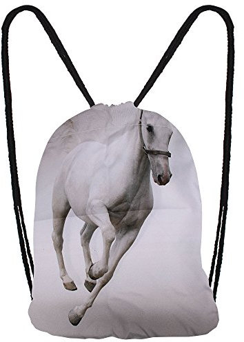 Hanessa Jutebeutel mit Pferde Tier Aufdruck Sportbeutel Tüte Rucksack Beutel Tasche Gym Bag Gymsack Hipster Fashion Sport-Tasche Einkaufs-Tasche Weiß Grau Pferd