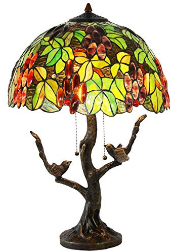 HT Tiffany Style Table Lamp 16 Inch Wide Grape Stained Glass Shade 2-Light Branch Shape Bronze Base Traditional Handmade Lighting for Dining Room Living Room Bedroom Bedside Nightstand Dresser
